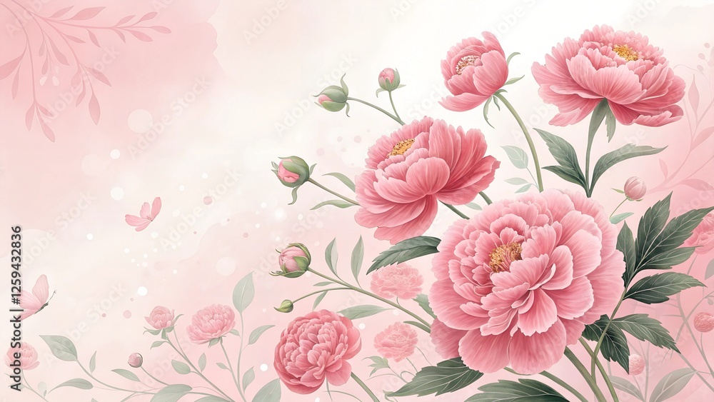Pink Peony Blossom: Delicate pink peonies in full bloom, adorned with lush green leaves, create a serene and romantic atmosphere. Butterflies flutter gently in the soft pink background. Pink Peony Blossom: Delicate pink peonies in full bloom, adorned with lush green leaves, create a serene and romantic atmosphere. Butterflies flutter gently in the soft pink background.