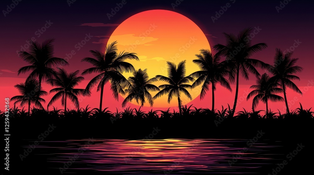 Naklejka premium Tropical sunset, palm trees, ocean, calm water, romantic background