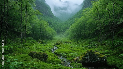 Lush Green Valley with Stream Surrounded by Misty Mountains and Dense Forest in Background