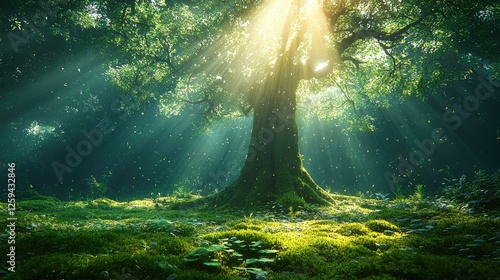 Majestic tree in a sunlit forest with rays of light filtering through lush green leaves