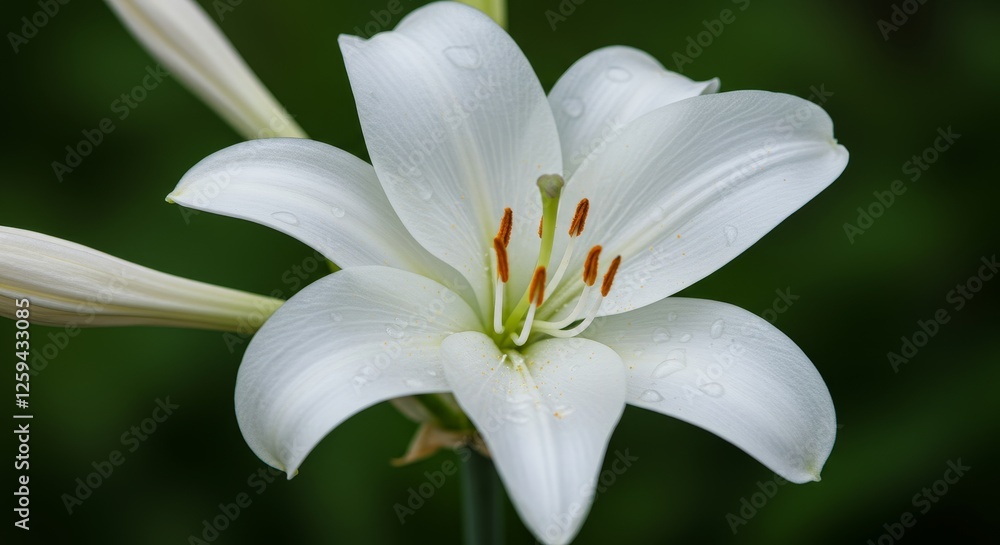 Fototapeta premium Elegant white lily with delicate water droplets reflecting pure light