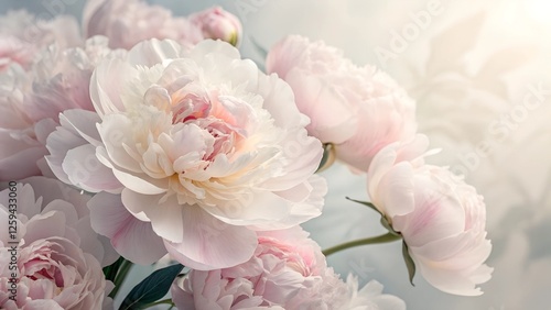 Blushing Peonies: Delicate blush pink and creamy white peonies in full bloom, their petals softly unfurling in a radiant display of springtime beauty.