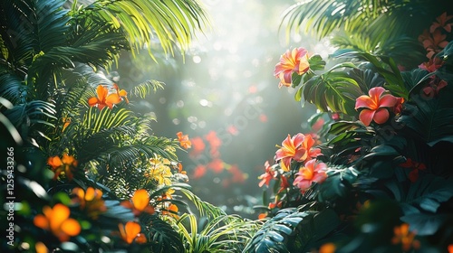 Lush tropical garden with vibrant flowers and sunlight filtering through dense foliage