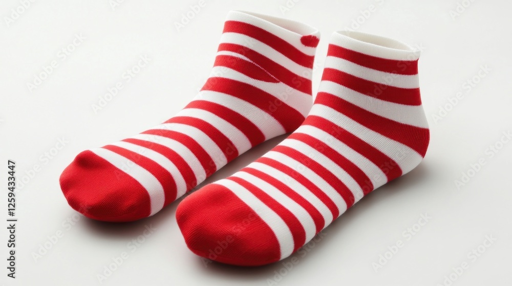 Red and white striped socks, solid color, simple style, flat viewing angle, white background, high-resolution, product photography. Red and white striped socks, solid color, simple style, flat viewing angle, white background, high-resolution, product photography.