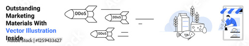 Rockets labeled DDoS targeting a system, secured network, food industry visuals, and online store setup. Ideal for cybersecurity, e-commerce, tech business, marketing, food industry retail flat