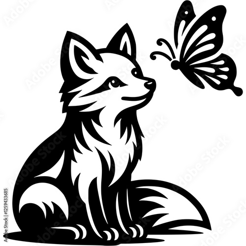 Inquisitive fox looks at a butterfly fluttering in front of him in monochrome. Engraving minimalistic vector in black ink drawing on transparent background