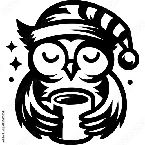 Sleepy owl with closed eyes in sleeping cap holding coffee mug in monochrome. Engraving minimalistic vector in black ink drawing on transparent background