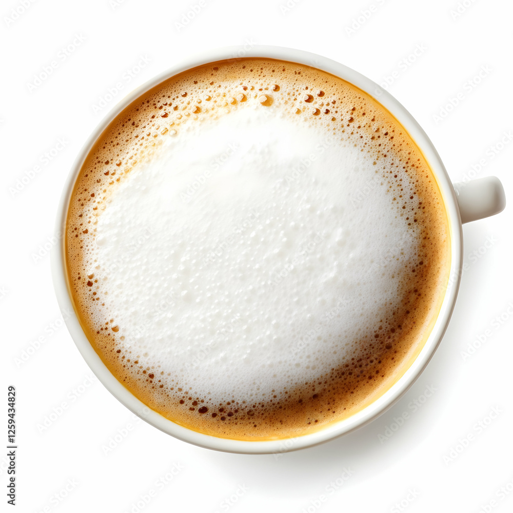 Frothy cappuccino in white cup, overhead view Frothy cappuccino in white cup, overhead view
