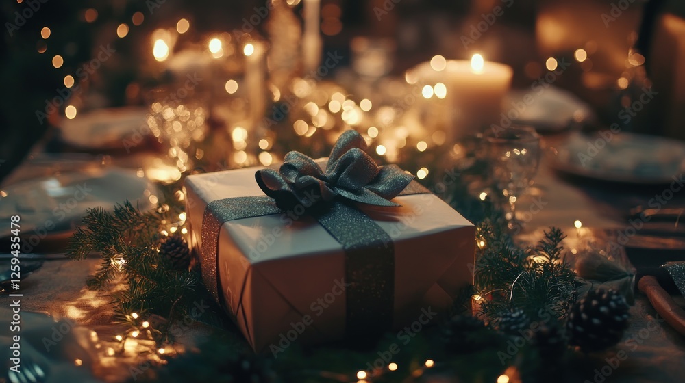 Elegant Gift Box with Sparkling Bow on Festive Table Ready for Celebration Elegant Gift Box with Sparkling Bow on Festive Table Ready for Celebration