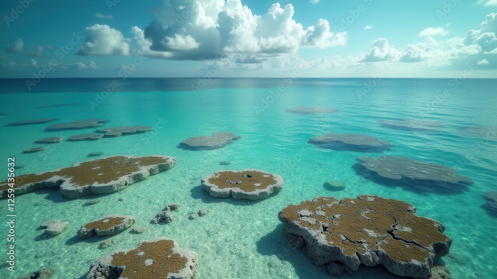Obraz premium Shallow coral reef with clear turquoise water and sky with scattered clouds 