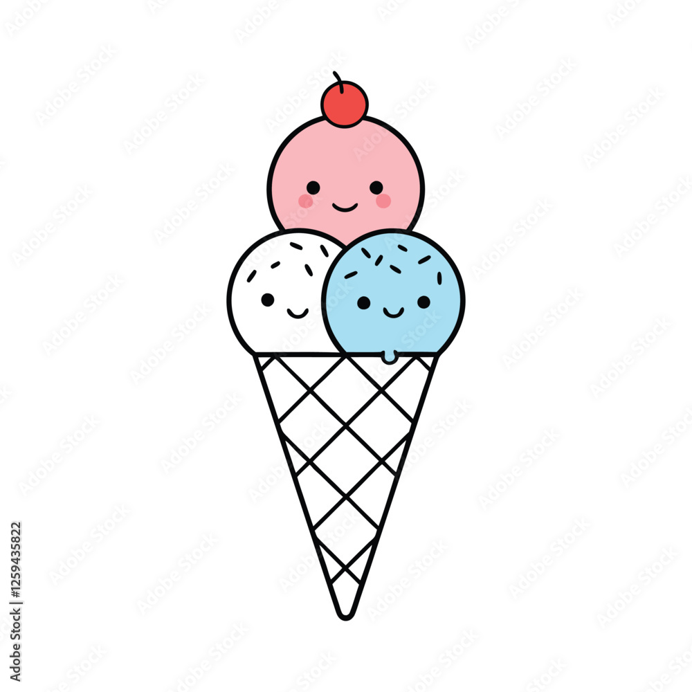 Kawaii Ice Cream Cone – Cute Smiling Triple Scoop Cartoon Vector Illustration Kawaii Ice Cream Cone – Cute Smiling Triple Scoop Cartoon Vector Illustration