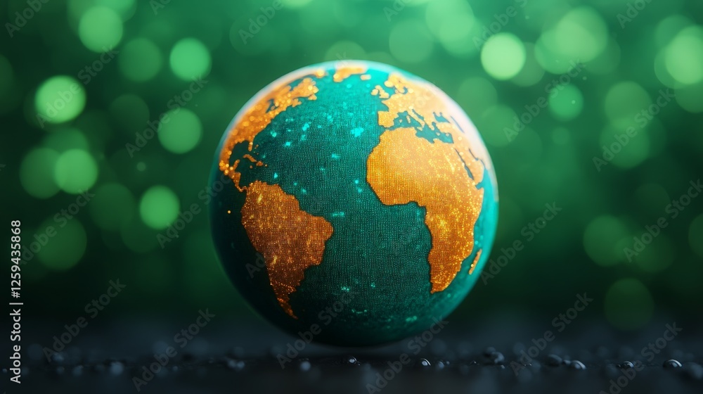 Vibrant Globe with Golden Continents against Green Bokeh Background Vibrant Globe with Golden Continents against Green Bokeh Background