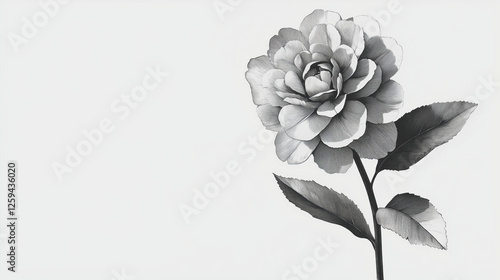A sophisticated black and white minimalist illustration of a single blooming rose, featuring delicate petals and a clean background, symbolizing elegance, purity, and artistic simplicity
