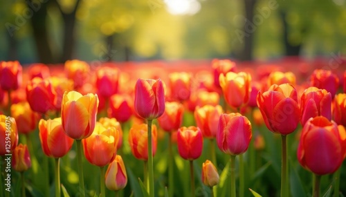 A riot of colorful tulips, a breathtaking spring scene , nature, blooming