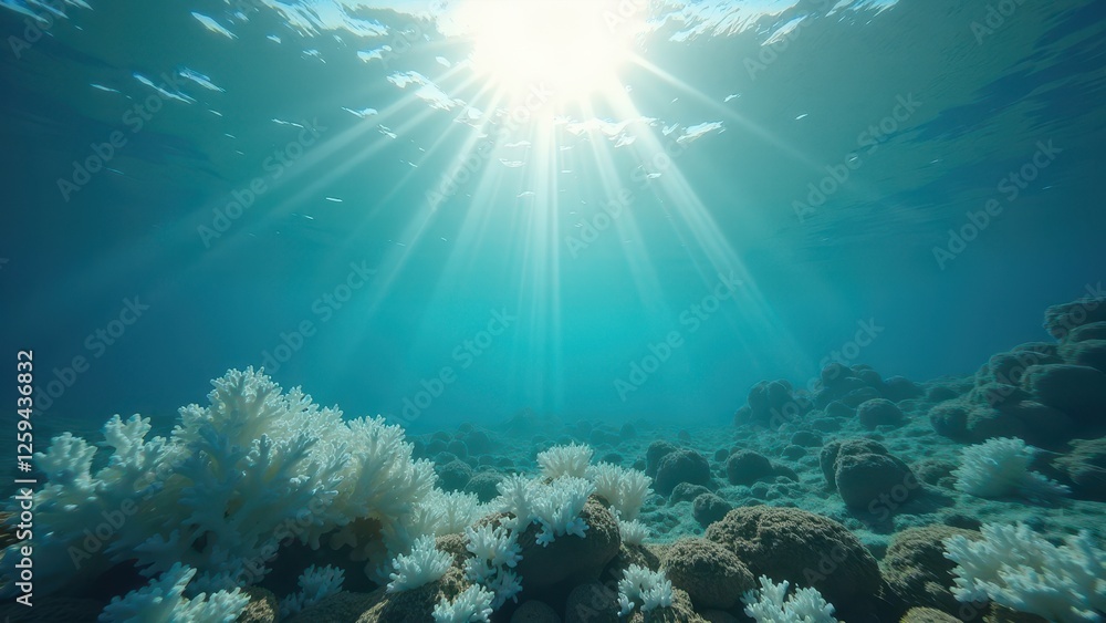 Naklejka premium Underwater coral reef affected by bleaching with sunlight rays penetrating water 