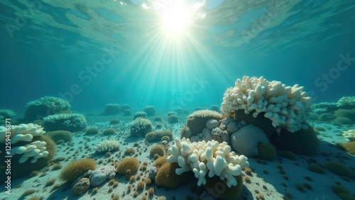 Wallpaper Mural Underwater coral reef affected by bleaching with sunlight rays penetrating water	 Torontodigital.ca