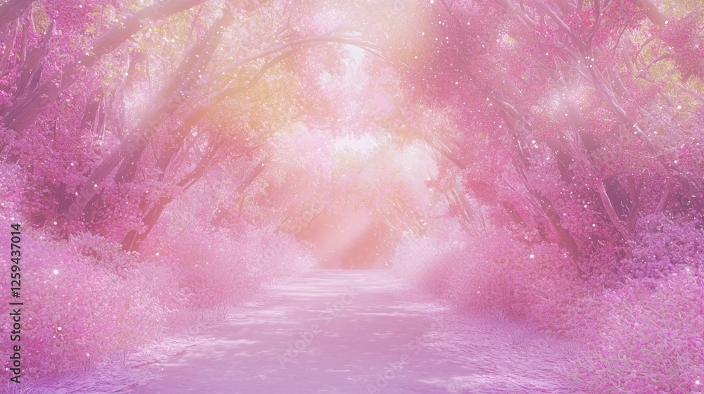 Fototapeta premium Serene Celestial Walkway Through Enchanted Orchard of Blossoms