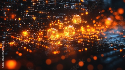 Abstract representation of molecular structures with glowing particles on a digital background