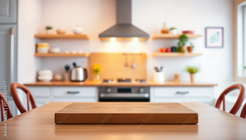 Fototapeta premium Modern kitchen interior with kitchen utensils, refrigerator, shelves, and a clean design, featuring fresh food and vegetables in an empty room