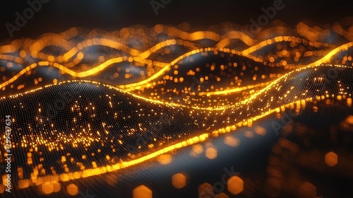 Abstract representation of glowing orange waves with particles, creating a dynamic digital landscape