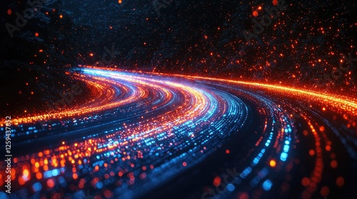 Vibrant light trails weave through a dark forest road, creating a dynamic night scene