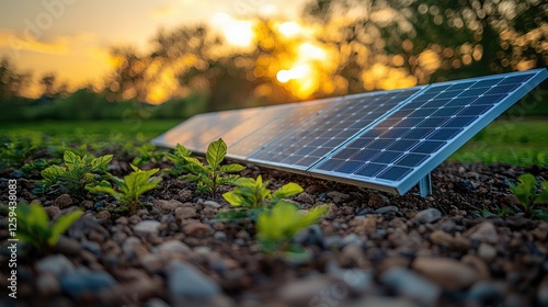 Solar panels in a vibrant sunset landscape with green plants and a serene background