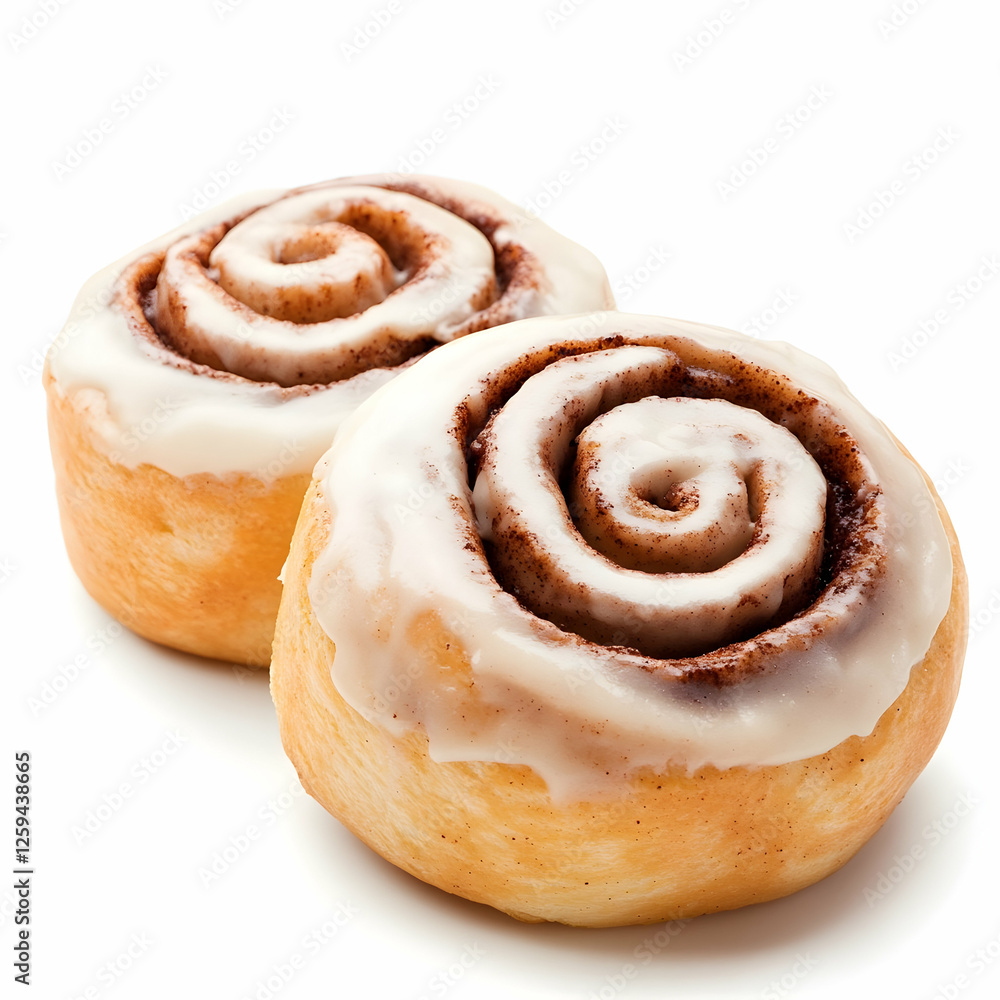 Two cinnamon rolls, glazed, bakery, white background, food photography Two cinnamon rolls, glazed, bakery, white background, food photography