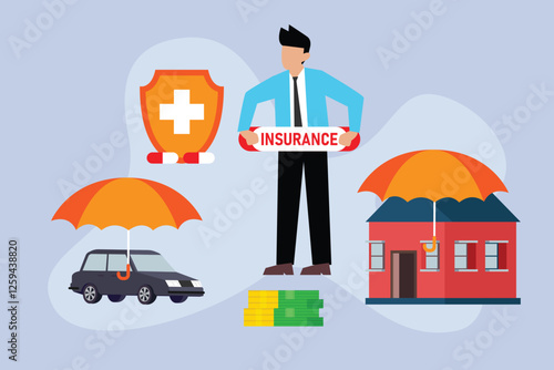 Insurance Protection Concept – Health, Auto, and Home Coverage 2d flat vector illustrations