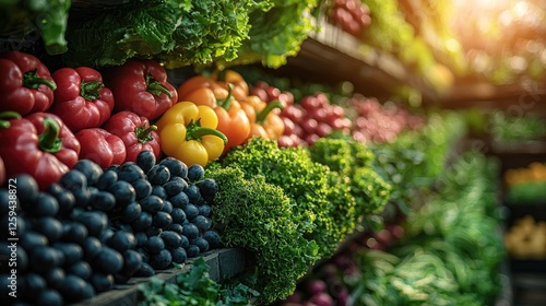 Vibrant display of fresh vegetables and fruits in a market, showcasing colorful produce and natural light