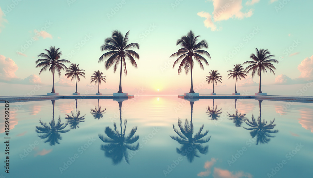 Palm Trees Silhouette at Sunset with Water Reflection Palm Trees Silhouette at Sunset with Water Reflection