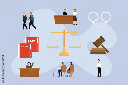 Justice and Law System Illustration - Courtroom and Legal  2d flat vector illustrations