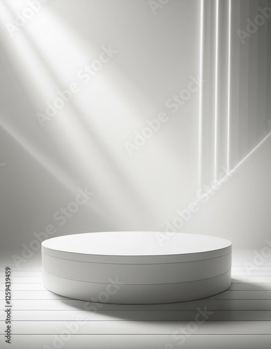 blank white product display concept with white round platform and light rays