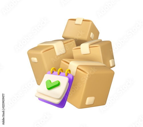 Cardboard box with document vector 3d icon. Clipboard with checkmark and stack of closed delivery packages isolated on white background. Cartoon simple illustration