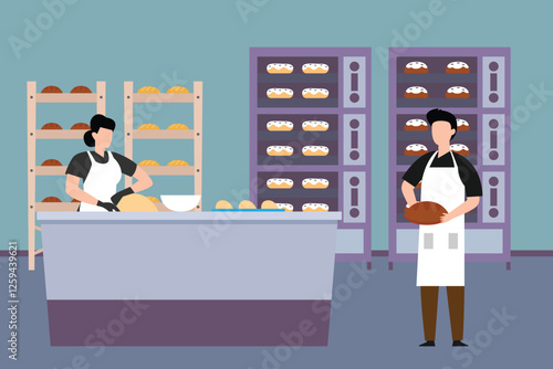 Bakery Production Process - Professional Bakers in Commercial Kitchen 2d flat vector illustrations