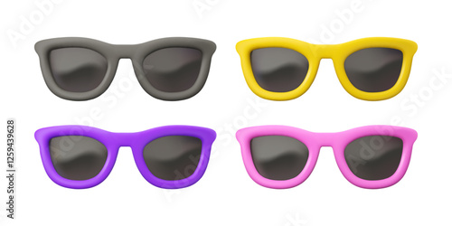 Sunglasses vector 3d icon set. Cartoon sun glasses in plastic style, isolated on white background. Black, pink yellow and purple accessories. Summer vacation fashion concept