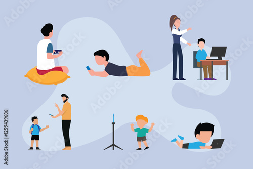 Children and Technology Usage - Digital Learning and Screen Time 2d flat vector illustrations
