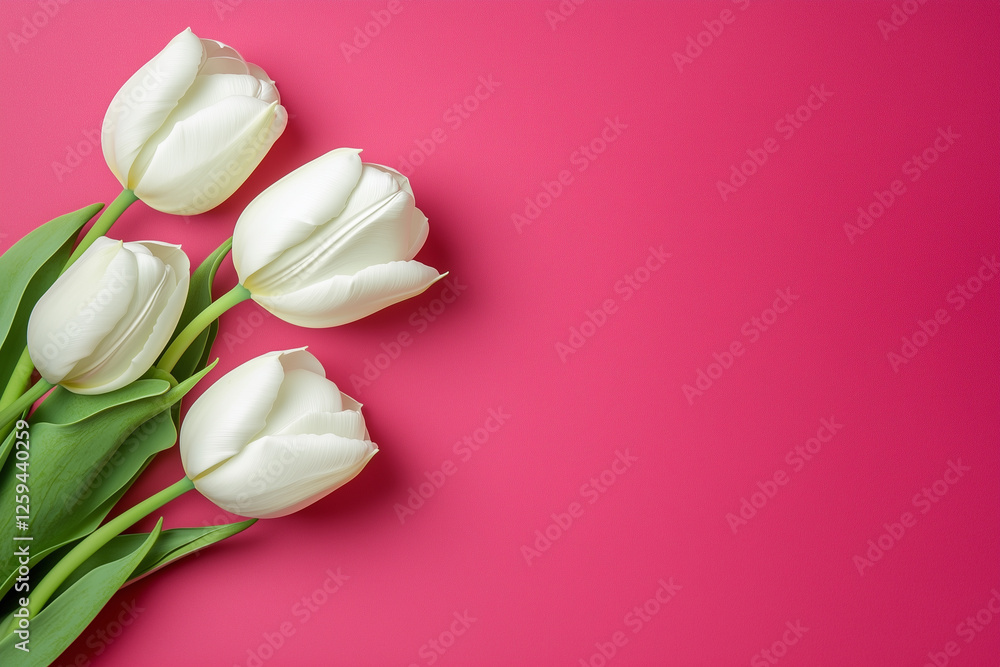 Fototapeta premium Bouquet of pink tulips flowers flat lays on pastel color background. Valentine's Day