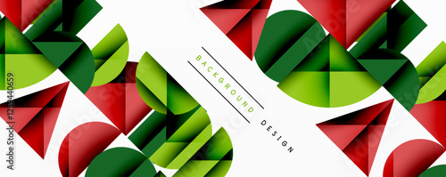 Abstract geometric background with layered gradient shapes forming dynamic patterns. Overlapping semi circles and triangles create depth and contrast