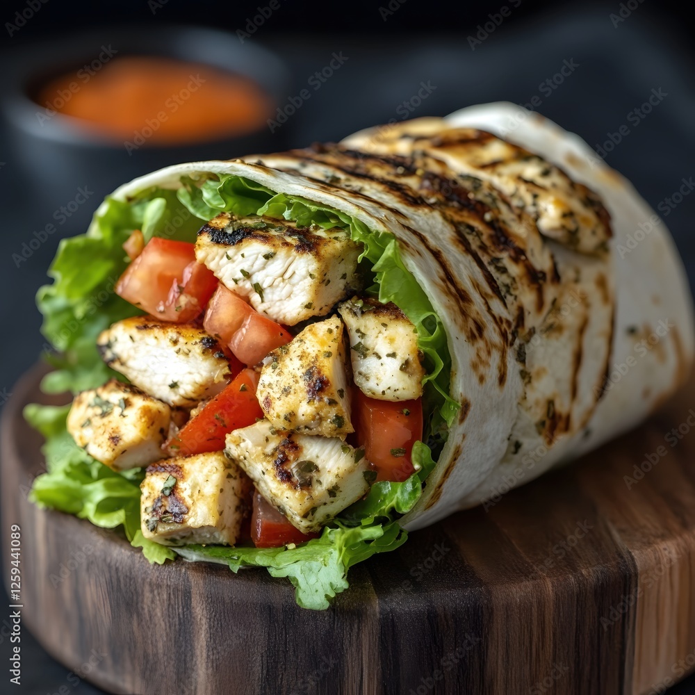 Delicious Chicken Wrap with Fresh Vegetables on a Rustic Wooden Board Close Up Food Photography Delicious Chicken Wrap with Fresh Vegetables on a Rustic Wooden Board Close Up Food Photography
