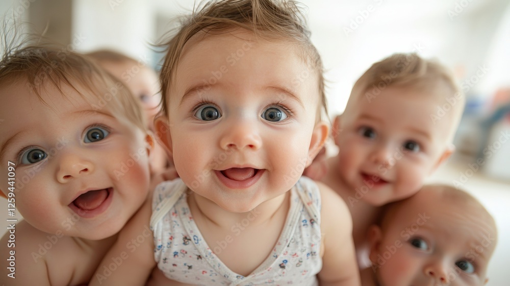 Three smiling caucasian babies sitting on a bed in a cozy indoor setting captured in high fidelity Three smiling caucasian babies sitting on a bed in a cozy indoor setting captured in high fidelity