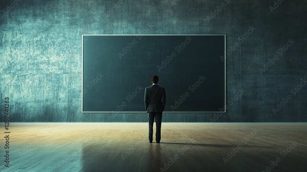 Contemplation Before a Blank Canvas: A Businessman Facing an Empty Blackboard Contemplation Before a Blank Canvas: A Businessman Facing an Empty Blackboard