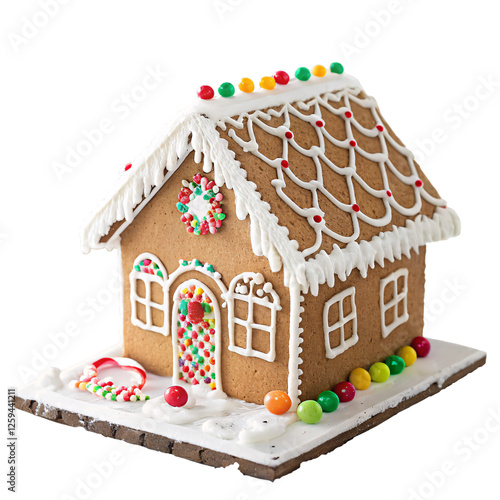 Gingerbread House Decorated with Icing and Candies, Perfect for Holiday and Festive Decorations photo