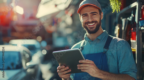 Portrait of a happy gas station employee with a tablet in his hands. An unshaven, cheerful man in a blue jumpsuit smiles and holds a tablet in his hands. He stands in front of the car