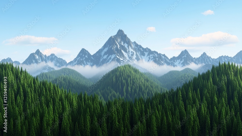 Obraz premium A serene mountain landscape featuring towering peaks surrounded by lush green forests and misty valleys under a clear blue sky.