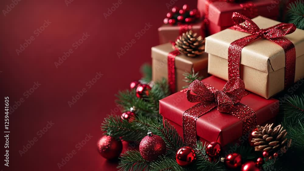 Festive Christmas gifts wrapped in red and gold with holiday decorations Festive Christmas gifts wrapped in red and gold with holiday decorations