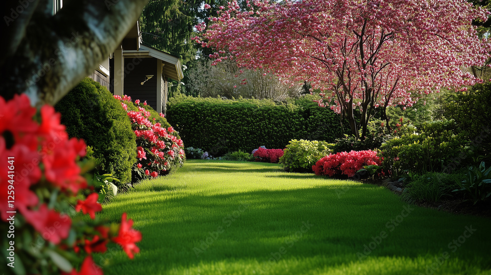 Fototapeta premium Springtime home exterior with lush green grass, blooming trees, and flowering bushes under natural ambient light, clean and simple composition, f/4.0, showcasing a serene and vibrant outdoor scene.