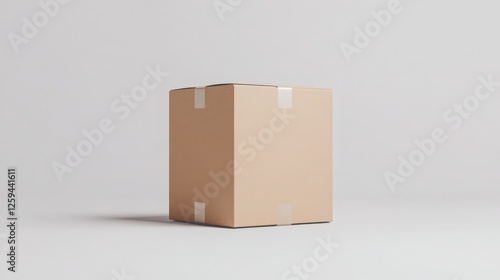 A simple, light beige cardboard box sits on a white background, sealed with transparent tape.  Ready for shipping or storage.