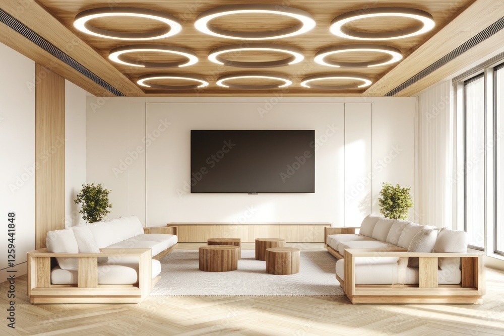 Fototapeta premium Modern minimalist lounge, wooden accents, sunlight, waiting area, office