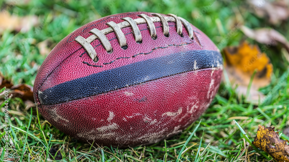 Obraz premium A well-worn American football resting on a grass field, representing the toughness, endurance, and legacy of the game through years of intense competition 