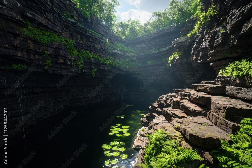 A serene, lush canyon with steep rock walls, a tranquil pool, and lily pads, illuminated by soft sunlight filtering through the trees. A serene, lush canyon with steep rock walls, a tranquil pool, and lily pads, illuminated by soft sunlight filtering through the trees.